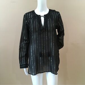NWT Loft Womens Size S Striped Sheer Tie Neck Blouse Black Metallic